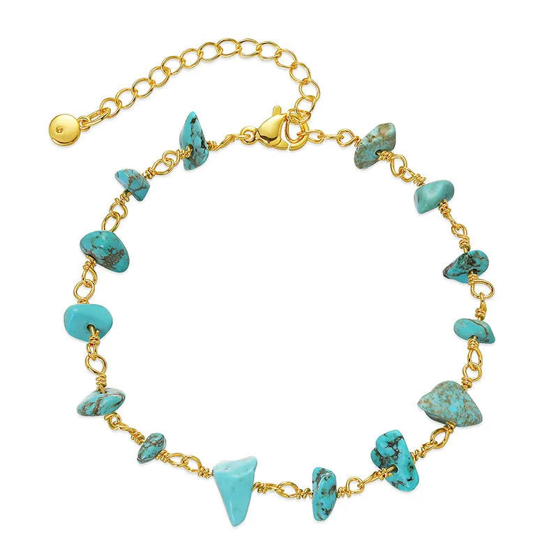 Women's geometric bracelet with irregular natural gravel turquoise stones in copper setting