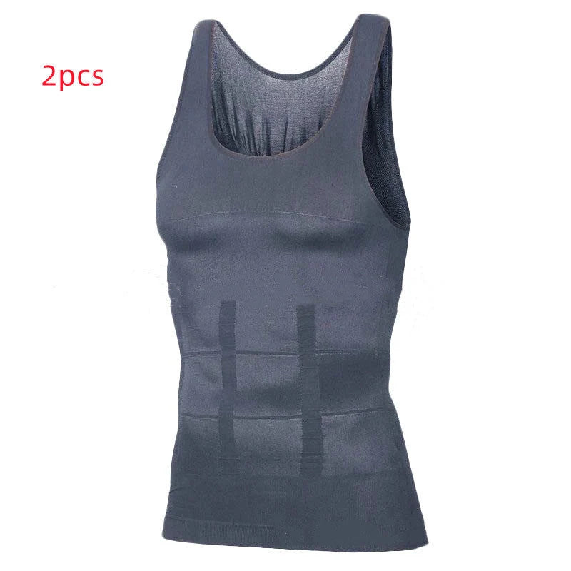 Men's black and white tummy shaping vest with U-neck design
