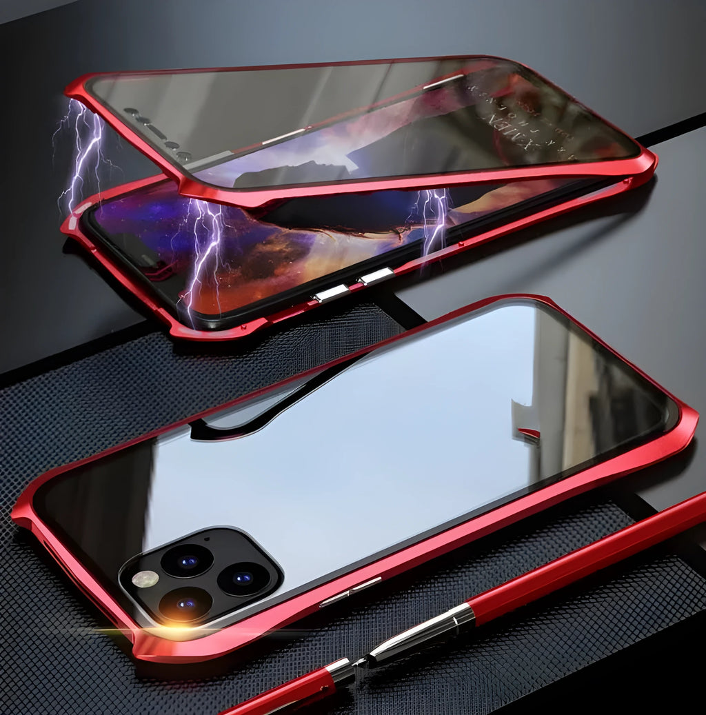Metal back protective cover for iPhone 11 in black, red, blue, and silver colour options.