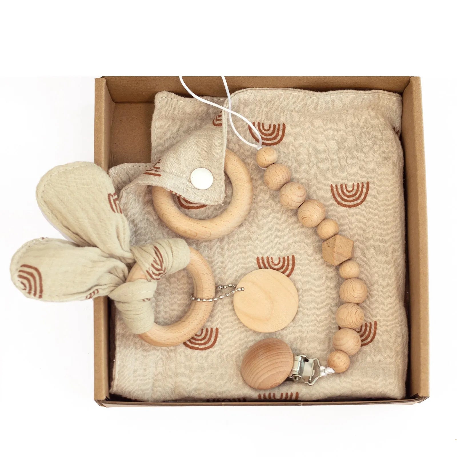 Baby teething toys gift set with bamboo-cotton blanket, wood teether, silicone brush, and bell