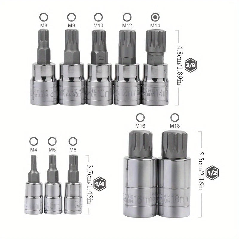 10-piece XZN triple square 12-point spline bit socket set with sizes 4mm to 18mm in a hard plastic case