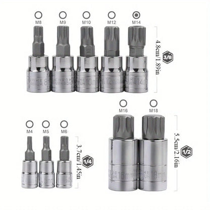 10-piece XZN triple square 12-point spline bit socket set with sizes 4mm to 18mm in a hard plastic case
