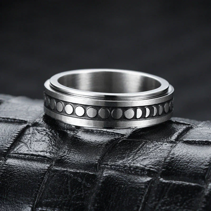 Stainless steel rotatable spinner ring with moon and stars design for stress relief