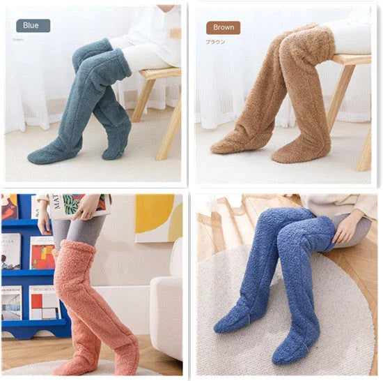 Cozy over-the-knee fuzzy socks in various colors, designed to keep your legs and knees warm during the winter season.