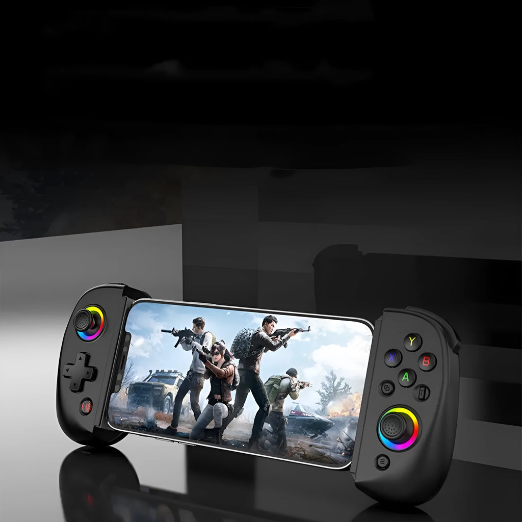 D8 stretch Bluetooth gamepad controller holding a tablet, shown in black, blue green, blue red, grey, or white.