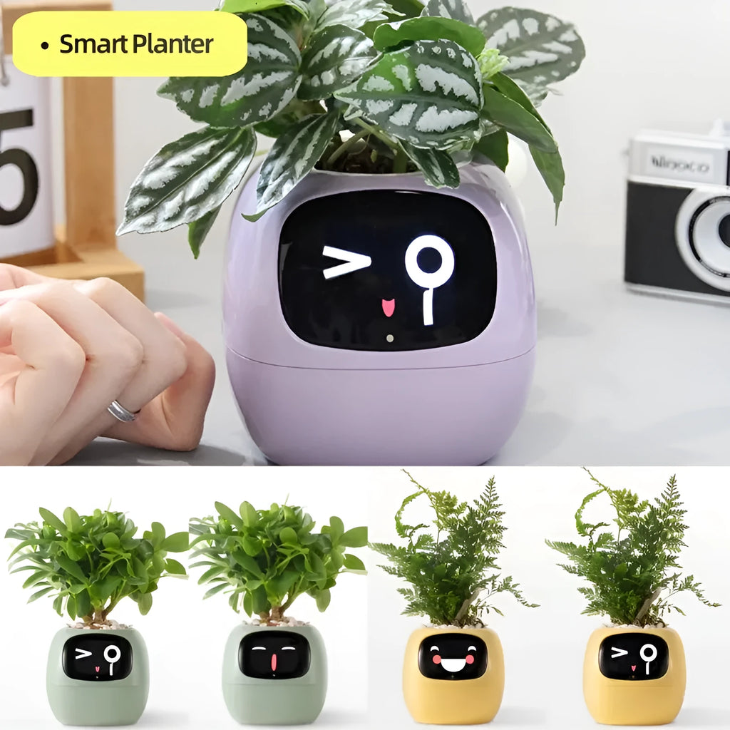 Smart planter in green with 7 sensors and AI chips showing water level on screen, compact 114x100x96mm size