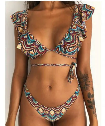 Yellow flower printed floral bikini swimsuit with retro dots and backless design