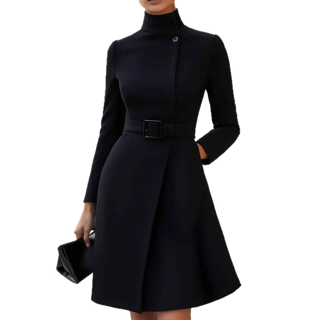 Women's long sleeve bohemian dress with high waist and stand collar in polyester fabric