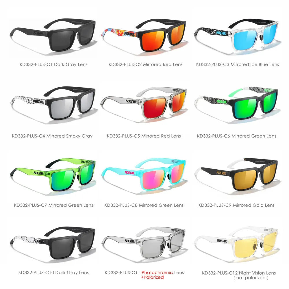 Square frame polarised sunglasses with TAC lenses and PC plastic frame in a selection of colours.