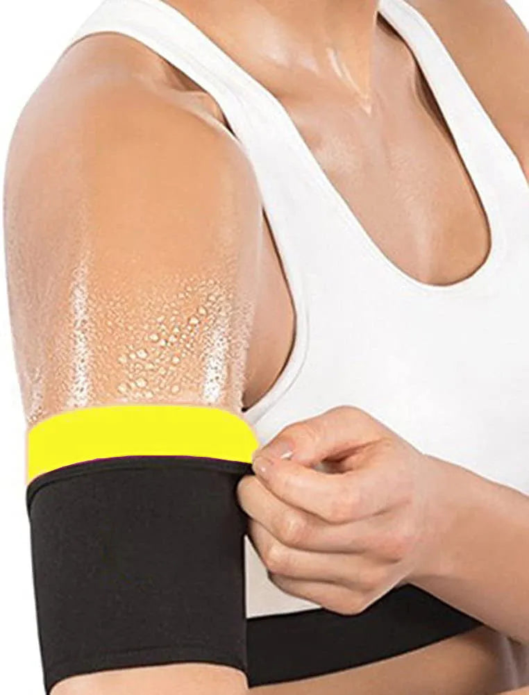 Adjustable arm sweatband in blue colour with binding strap, shown on an arm.