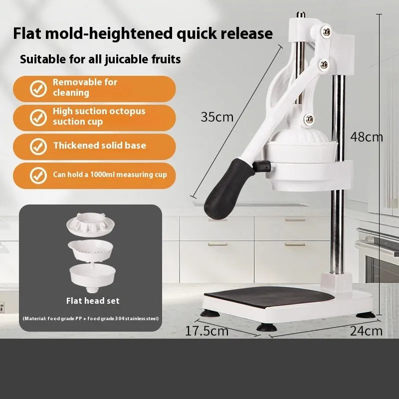 Manual orange juice juicer with stainless steel construction and 480cm measurement on counter