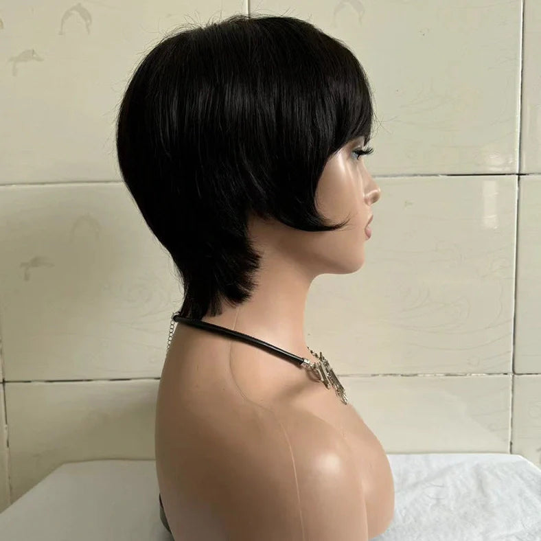 Short straight human hair wig with side bangs in natural black colour, showing 30cm length and realistic hairline