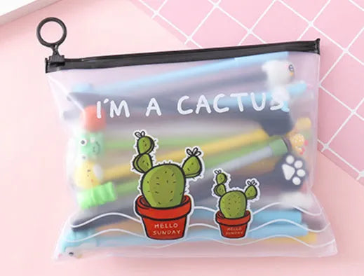 Twenty colourful cartoon cactus pens with Marvel designs in plastic storage case