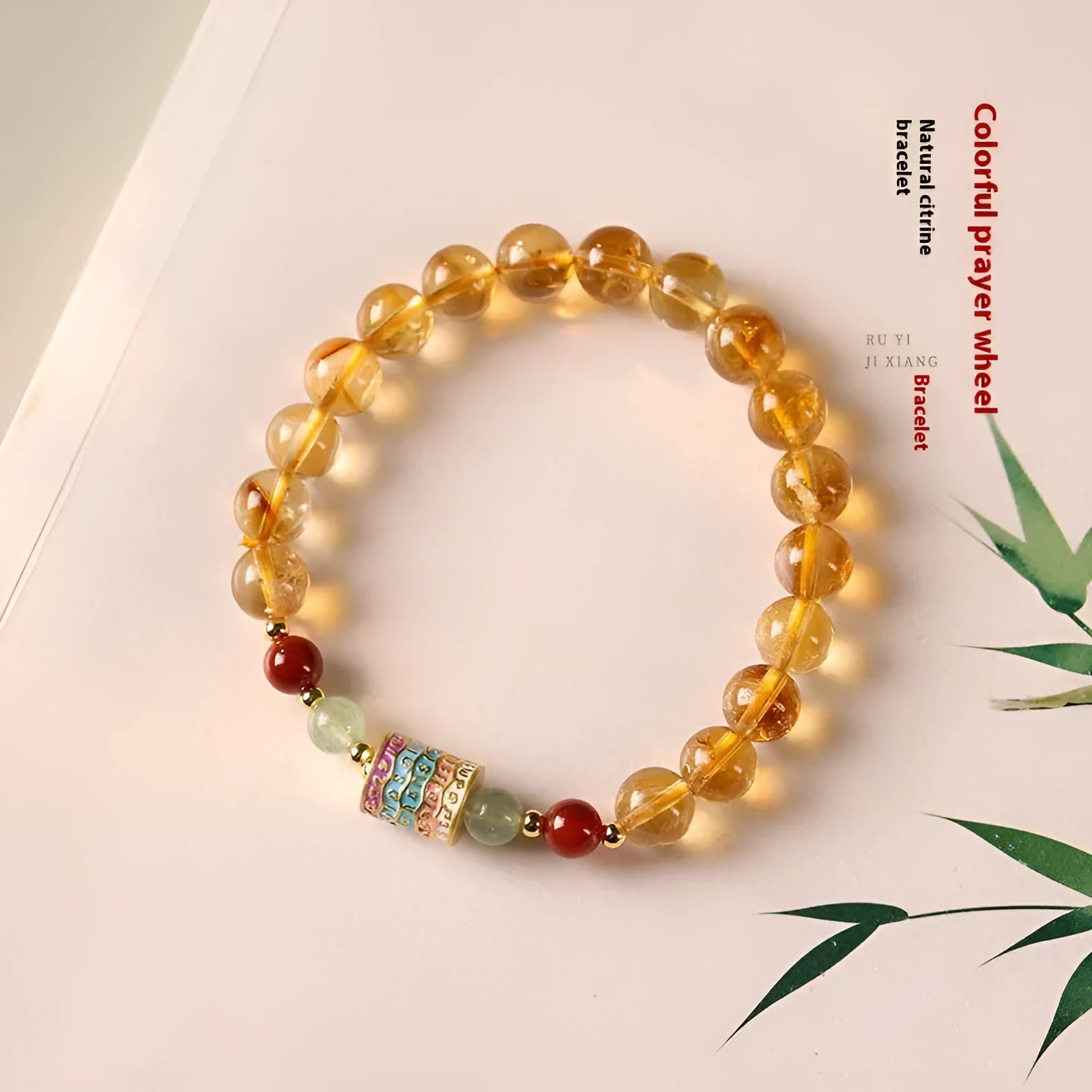 Women's citrine bracelet with 8mm prayer wheel design in yellow retro style