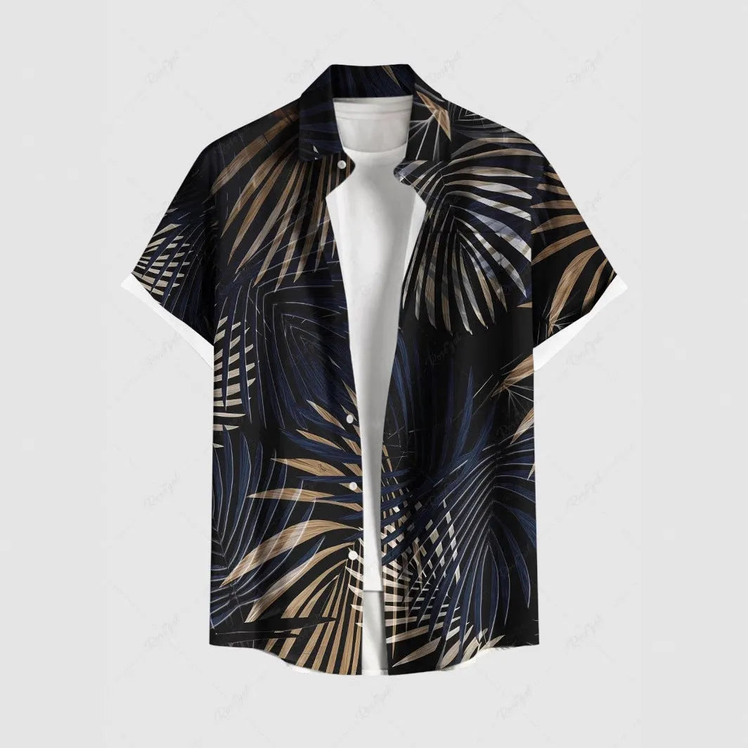 Men's loose fit striped short sleeve shirt with stand collar in chemical blend fabric
