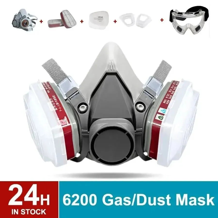 Original 6200 half face reusable respirator with anti-fog glasses and filtrating boxes on a white background