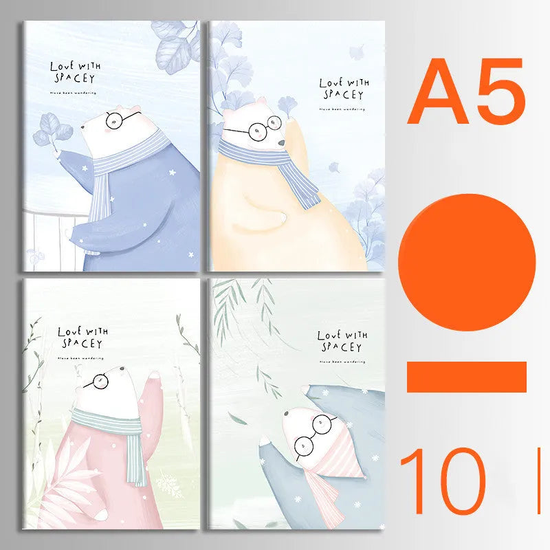 Set of 10 thread-bound A5 notebooks with kraft paper covers showing bear and sakura designs