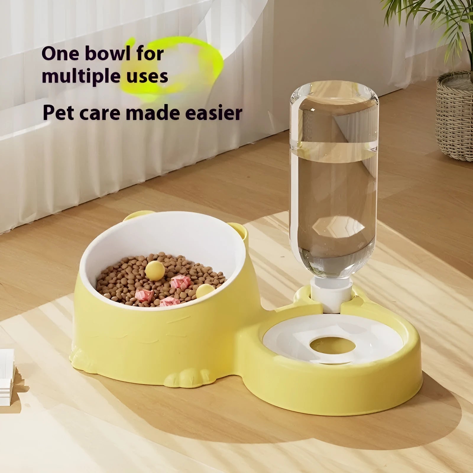 Double bowl automatic cat feeder with ceramic weighted base in haze blue colour.