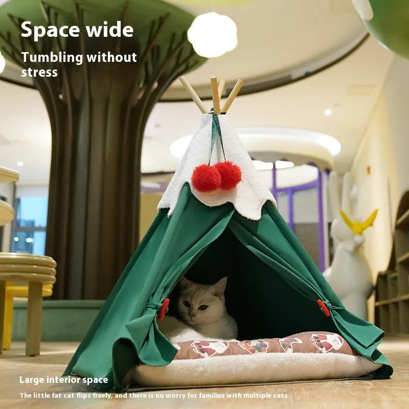 A semi-closed cloth cat house with a thickened bed, shown in brown and white mat colour options.