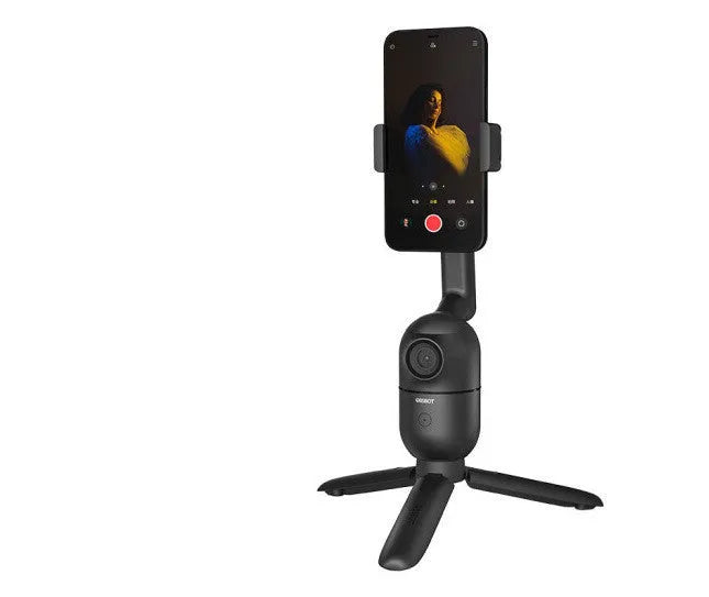 Black mobile phone bracket with face-following technology and PTZ tripod mounted on a phone