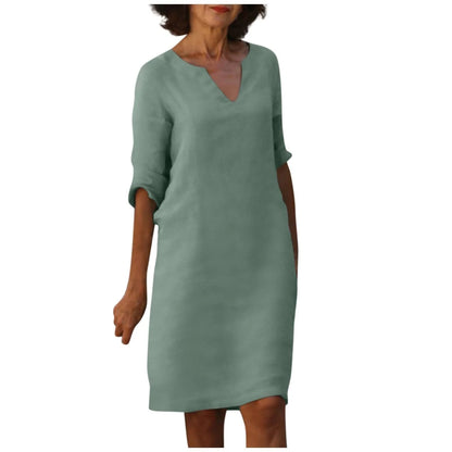 Cotton and linen V-neck dress with retro high waist design in various colours