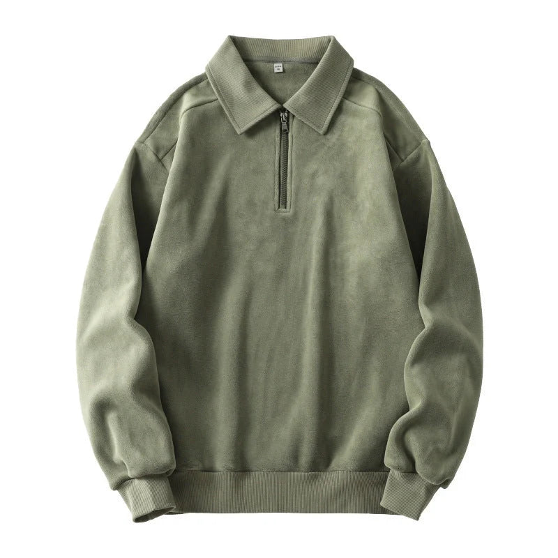 Men's lapel half-zip fleece sweatshirt in black, haze green, and apricot yellow