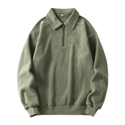 Men's lapel half-zip fleece sweatshirt in black, haze green, and apricot yellow