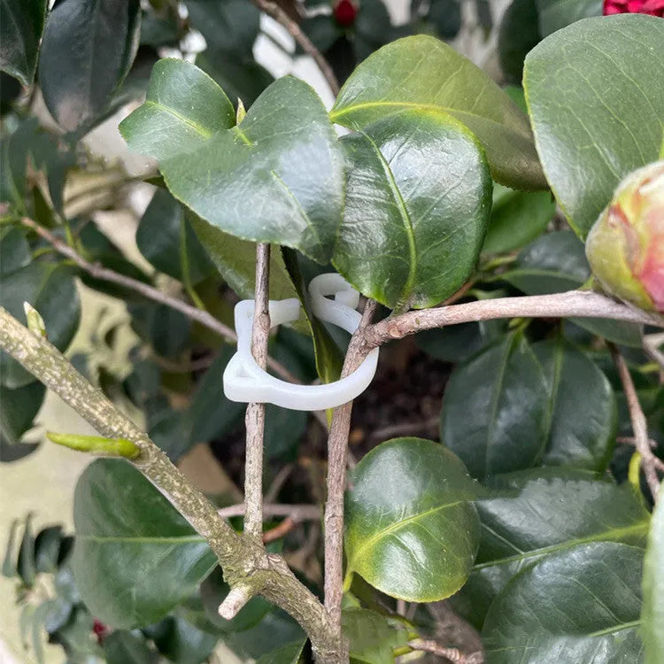 A green cat-shaped plastic plant clip for securing stems to garden supports.