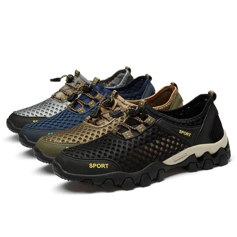 Breathable mesh hiking shoes for men youth, low top outdoor sneakers with rubber sole in black colour