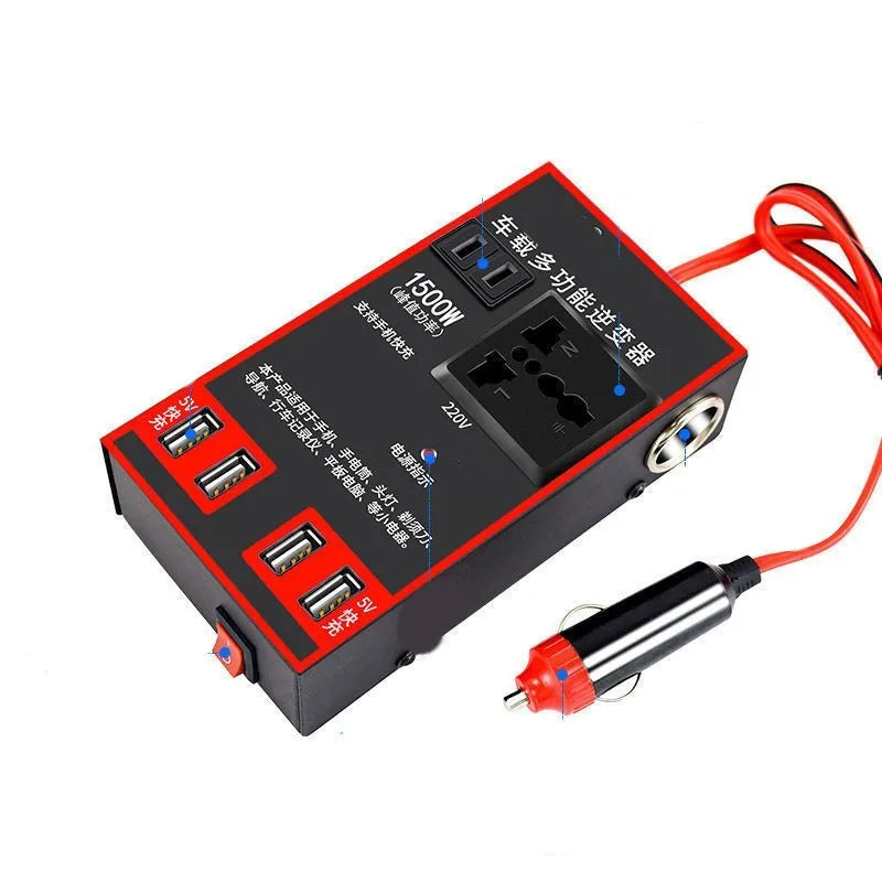 Black automotive 12V 24V to 220V power converter with AC socket and 4 USB ports.