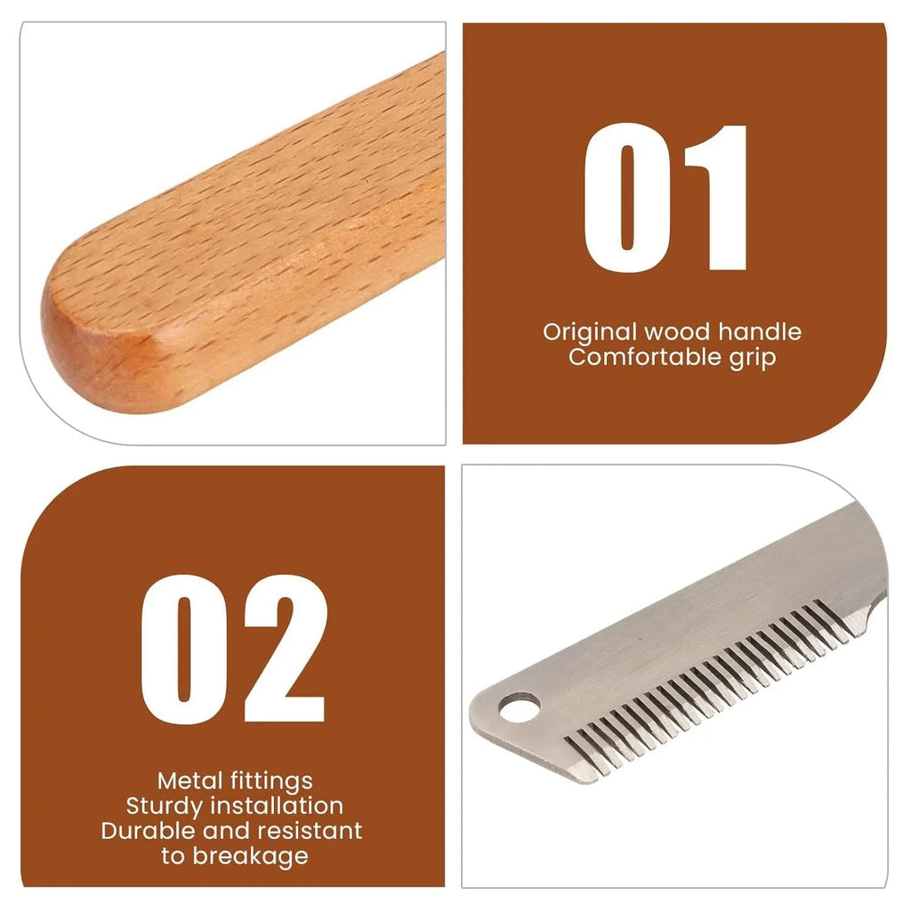 Pet stripping comb grooming tool with wood handle and metal teeth, shown in long and short size options.