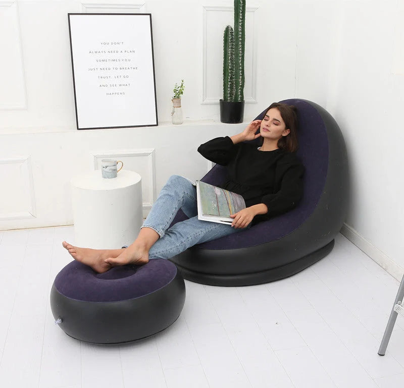 Inflatable flocking sofa in various colours, showcasing ergonomic design and portability