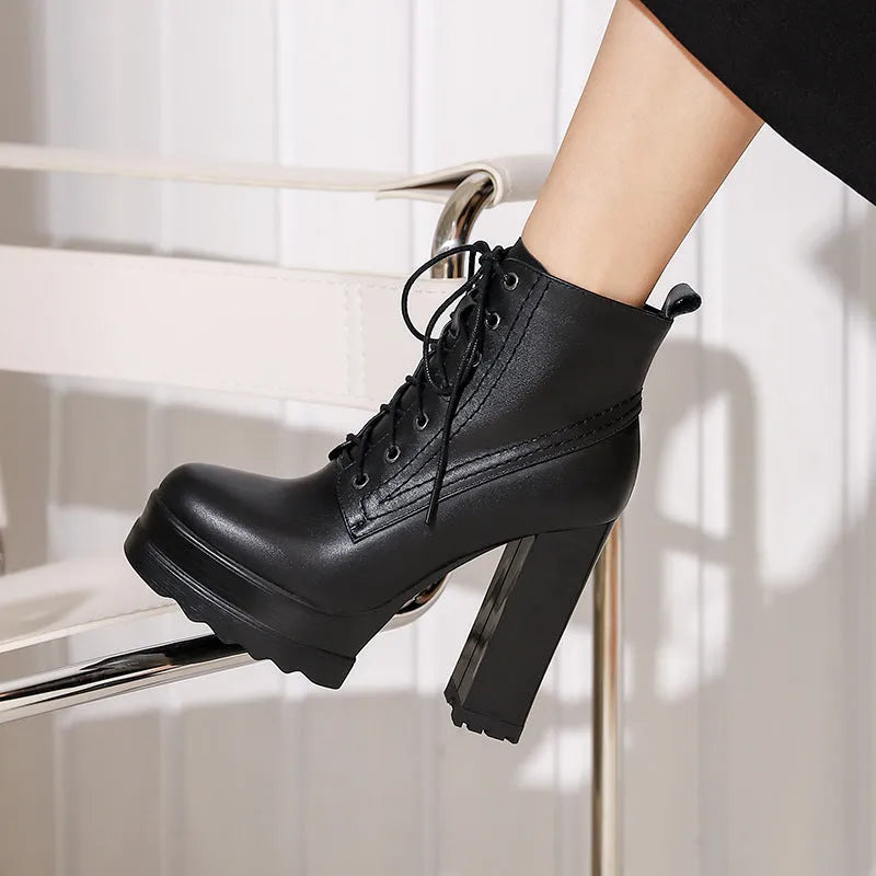 Women's black waterproof platform boots with chunky heel and side zipper