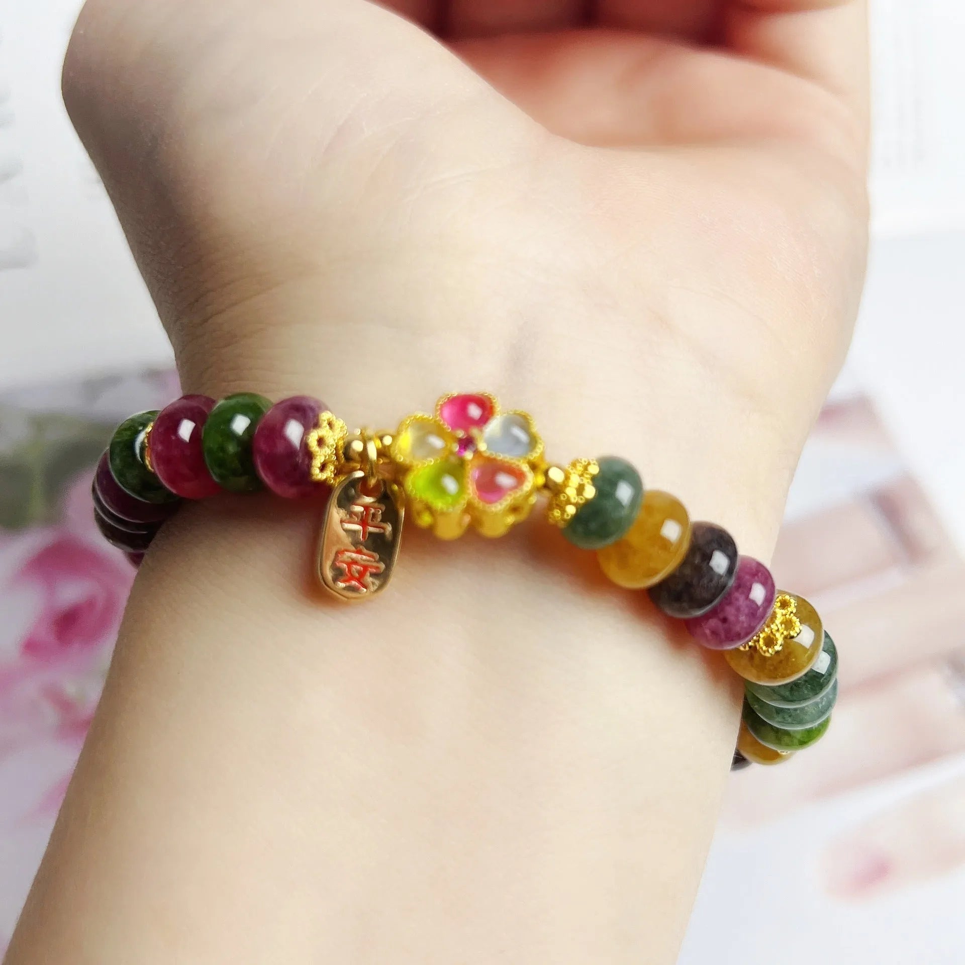 Colourful artificial crystal abacus bead bracelet for women with tourmaline-inspired design and hand-finished details