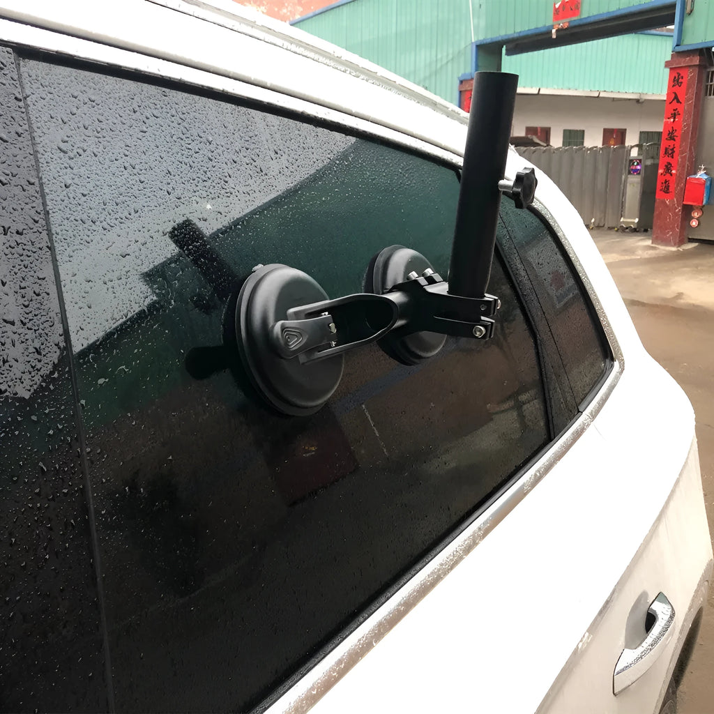 Black ABS plastic and rubber car window sucker base for mounting flagpoles to vehicle glass
