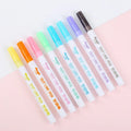 Eight fluorescent highlighter marker pens with transparent barrels and chisel tips arranged beside their 14cm packaging box