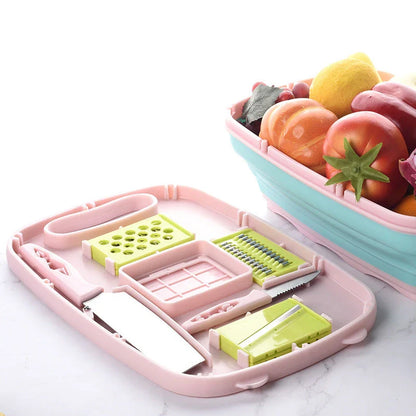 Versatile eco-friendly chopping board with anti-overflow groove, knife, fruit slicer, and drainage basket for efficient food preparation in the Kiwi kitchen