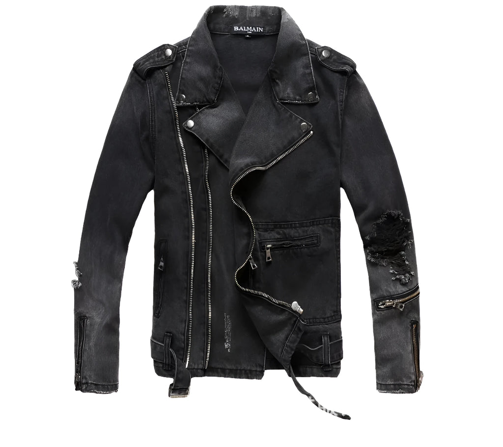 Black slim-fit linen denim jacket with lapel collar and front zipper placket on plain background