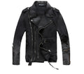 Black slim-fit linen denim jacket with lapel collar and front zipper placket on plain background