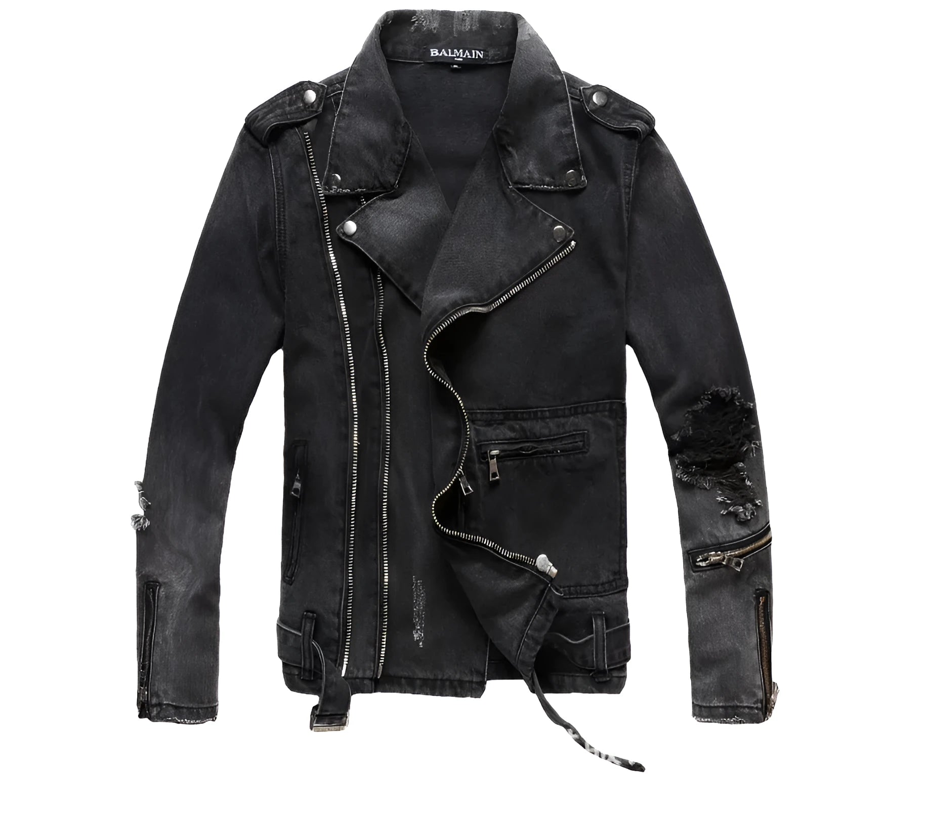 Black slim-fit linen denim jacket with lapel collar and front zipper placket on plain background