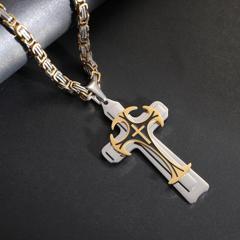 Men's Christian Trinity Latin Cross Necklace in stainless steel with three layers