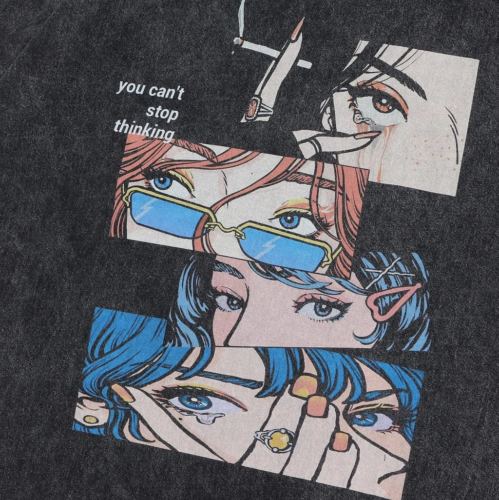 Men's black retro t-shirt with cartoon digital print showing loose fit and short sleeve design