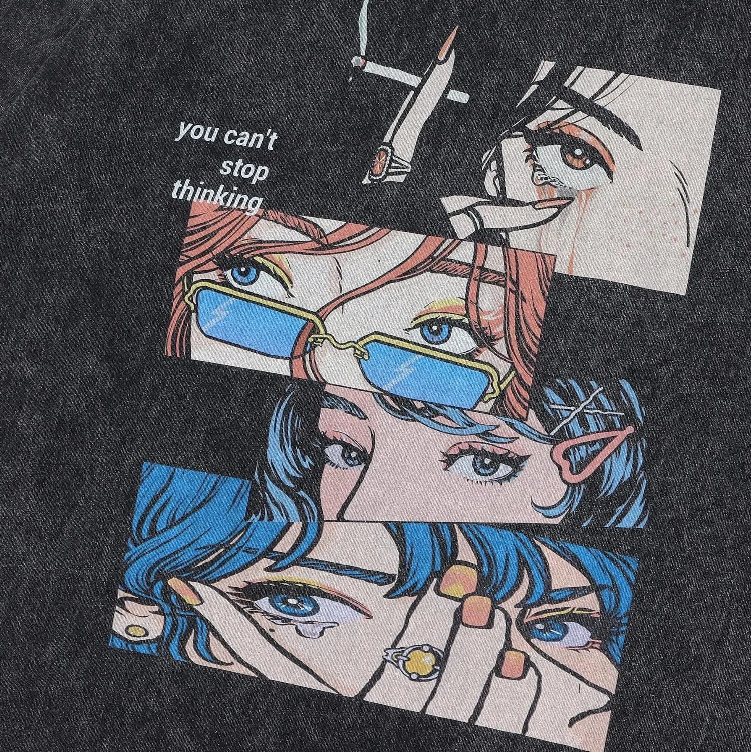 Men's black retro t-shirt with cartoon digital print showing loose fit and short sleeve design