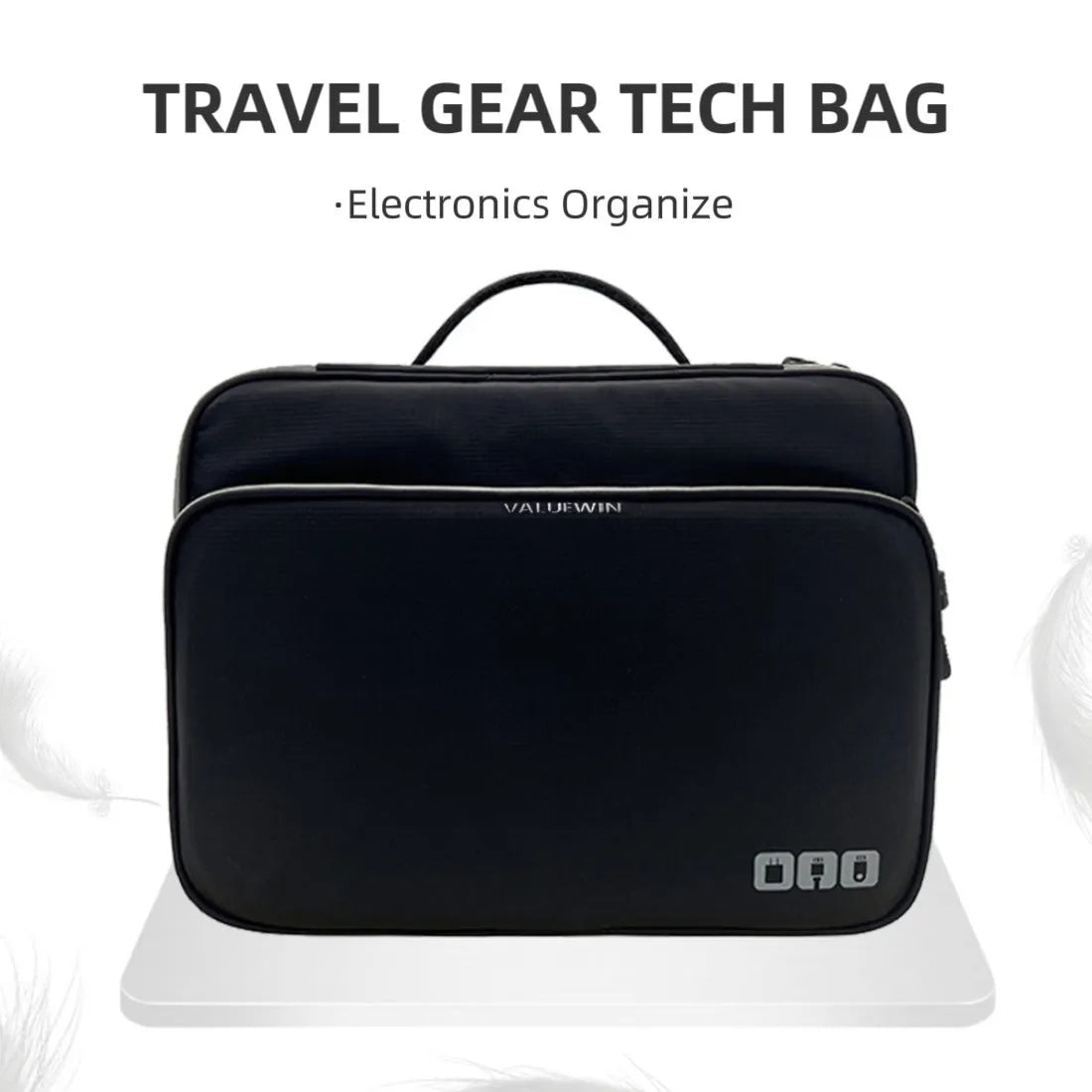 Black three-layer travel storage bag with waterproof polyester construction and sewing line detailing