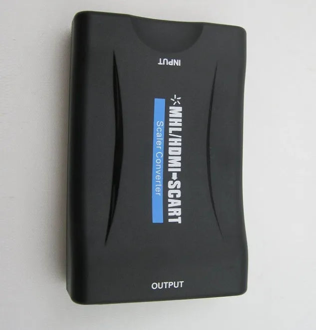 1080P HDMI to SCART bidirectional converter in black ABS plastic housing with USB cable