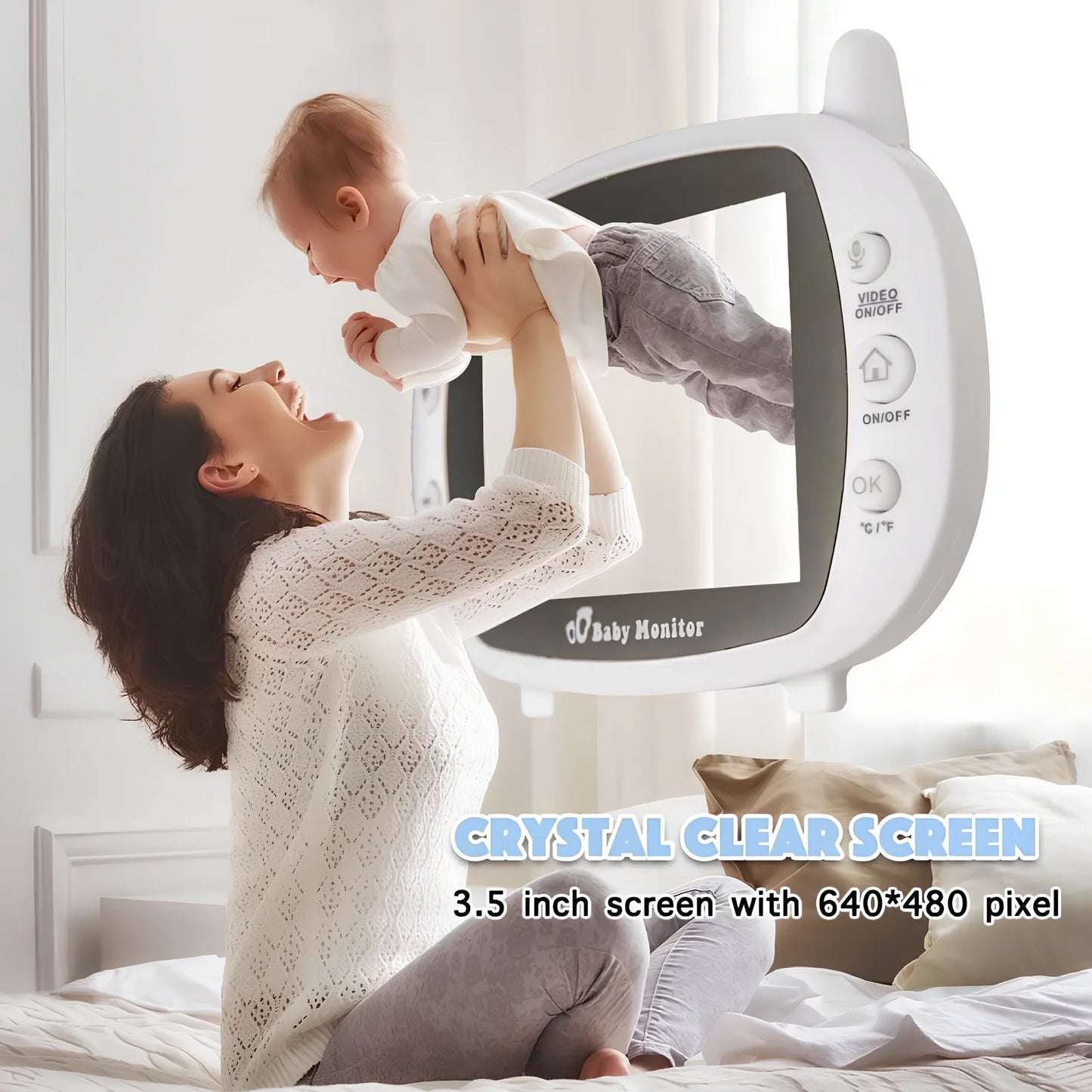 White 3.5 inch wireless baby monitor with night vision camera and temperature display