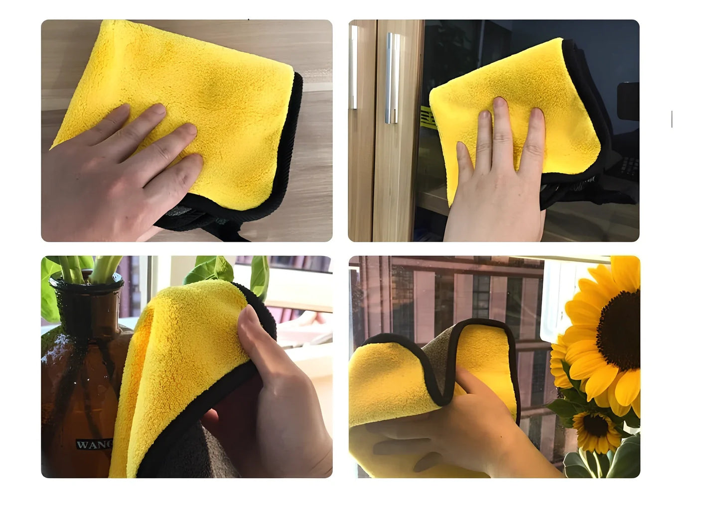 Thickened double-sided microfiber cleaning towel in yellow and grey, 30x30cm and 30x60cm sizes for lint-free car washing