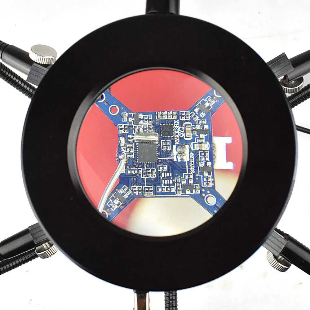 LED magnifying glass soldering station with 3x magnification, 42 SMD lights, and flexible arm on aluminium base
