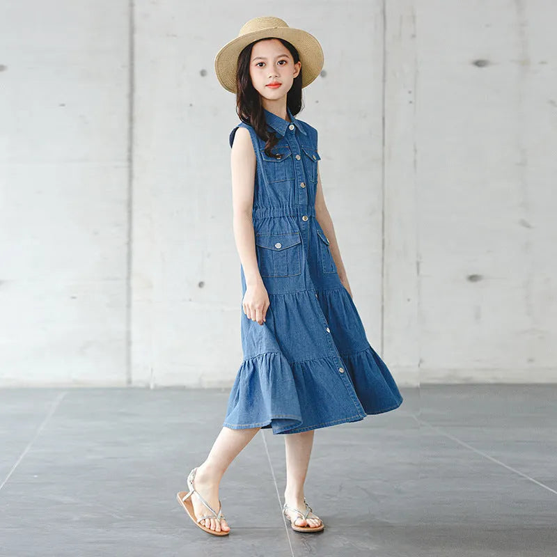 Blue denim blouse collar vest dress for girls on a white background