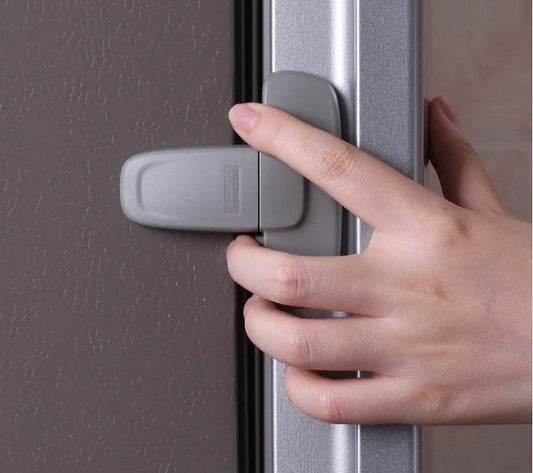 Child safety refrigerator lock in white and grey, featuring a T-type double button mechanism